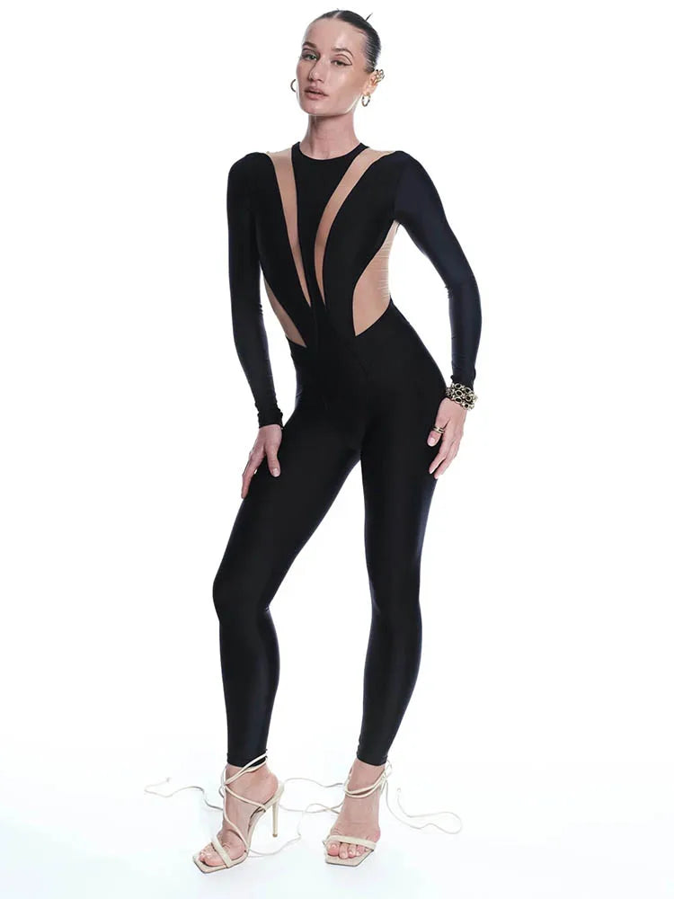 Cutout Jumpsuit – Long Sleeve Slim Fit One-Piece with Plunging Neckline and Waist Cutout Detail for Parties, Clubwear & Night Out