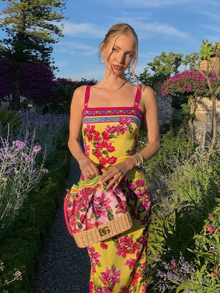 Floral Midi Dress – Spaghetti Strap Bodycon Dress with Square Neck, Vibrant Botanical Print and Straight Silhouette for Vacations & Summer Events