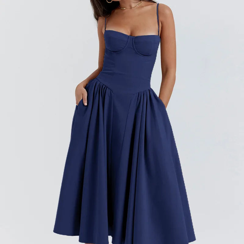 Vintage A-Line Midi Dress – Spaghetti Strap Corset Bodice Dress with Pleated Flared Skirt for Weddings, Brunches & Special Occasions