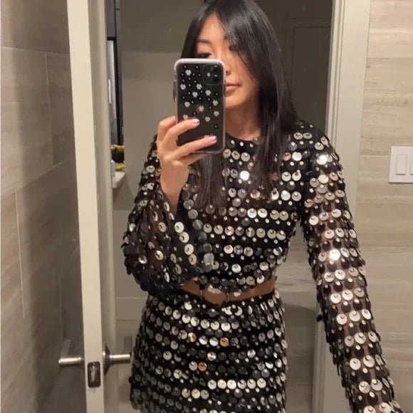 Sequin Two Piece Set – Long Sleeve Crop Top and Mini Skirt with Cutout Waist, Embellished Finish and Figure-Hugging Fit for Parties
