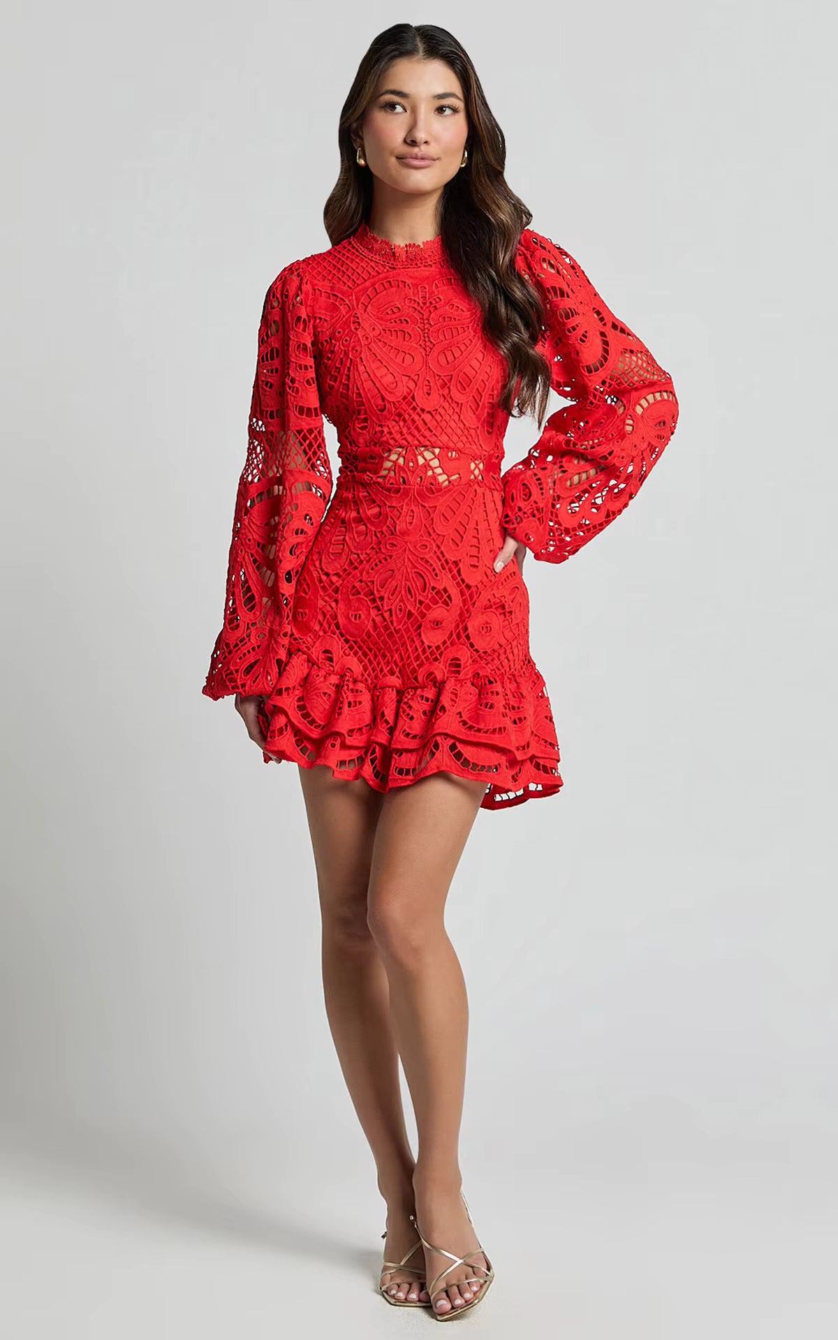 Lace Mini Dress – Long Sleeve Crochet Dress with High Neckline, Intricate Cutout Embroidery, Fitted Waist and Ruffle Hem