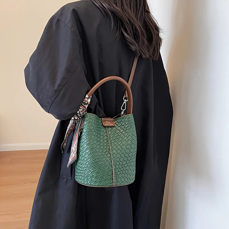 Mini Bucket Handbag, Textured Leather-Look Top Handle Purse with Adjustable Shoulder Strap, Elegant Compact Crossbody Bag for Dates & Everyday Use