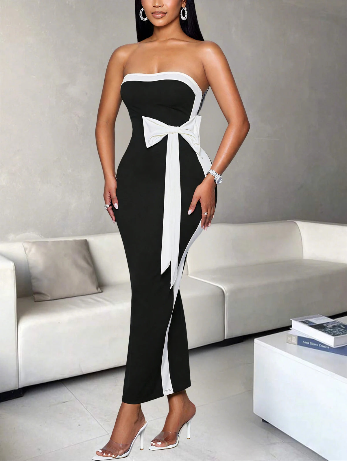 Strapless Bodycon Midi Dress – Elegant Fitted Dress with Contrast Trim, Statement Bow Waist Detail and Sleek Pencil Silhouette
