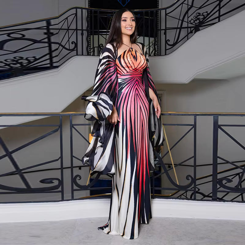 Printed Maxi Dress with Cape – Halter Neck Bodycon Gown with Abstract Stripes, Plunging Neckline and Flowing Shawl Overlay