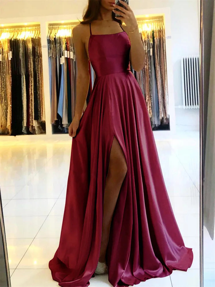 Satin Evening Gown – Strapless A-Line Maxi Dress with Pleated Skirt and High Slit for Weddings, Galas, Prom & Formal Events