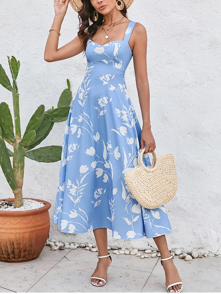 Floral Midi Dress – Spaghetti Strap A-Line Dress with Square Neck, Fitted Bodice and Flared Skirt for Brunch, Vacations & Summer Events