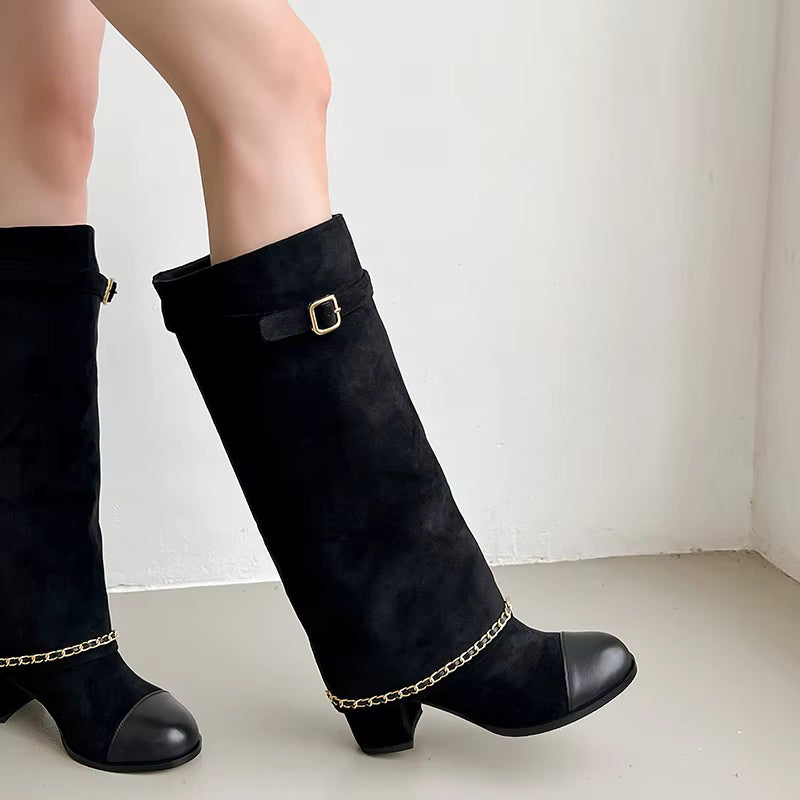 Knee High Suede Boots | Buckle Strap Block Heel Boots | Chain Detail Tall Fashion Booties