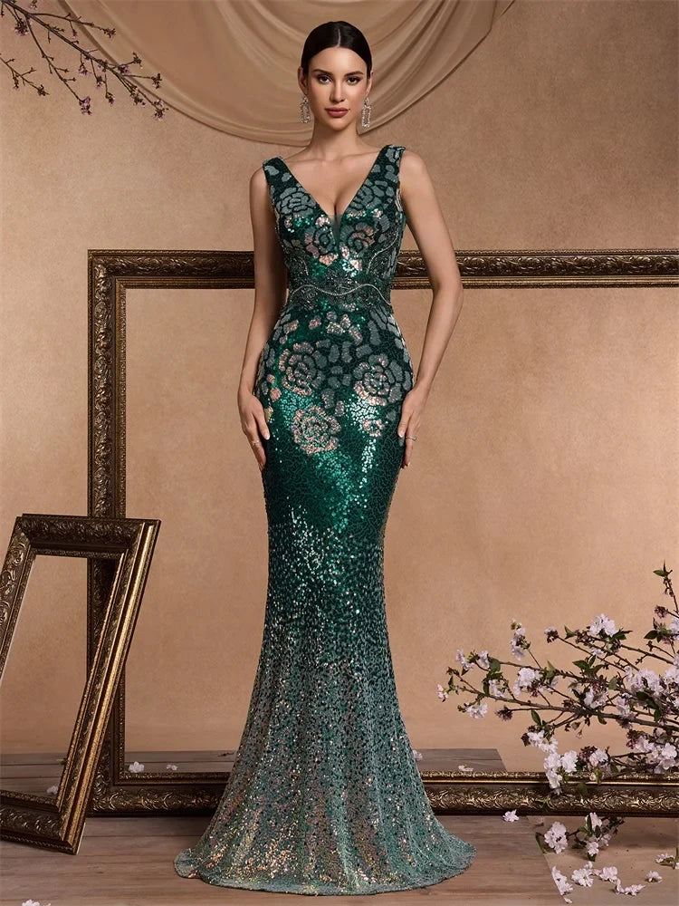 Sequin Mermaid Maxi Dress – V-Neck Sleeveless Evening Gown with Embellished Bodice, Fitted Silhouette and Flared Hem for Formal Events