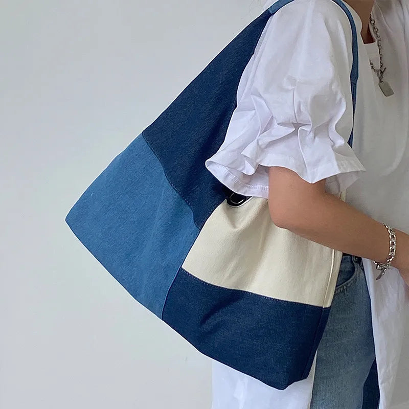 Denim Hobo Shoulder Bag, Patchwork Tote Handbag with Wide Strap, Slouchy Casual Purse for Shopping, Travel & Everyday Use