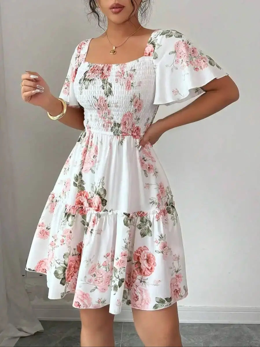Floral Mini Dress – Short Sleeve Square Neck Dress with Fitted Bodice, Defined Waist and Flared Skirt for Brunch, Vacations & Summer Events