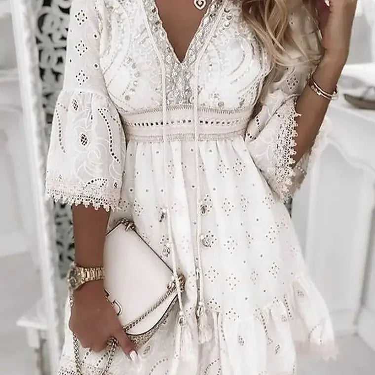 Boho Mini Dress – V-Neck Embroidered Dress with Bell Sleeves, Lace Trim, Defined Waist and Tiered Ruffle Hem for Vacations & Brunch