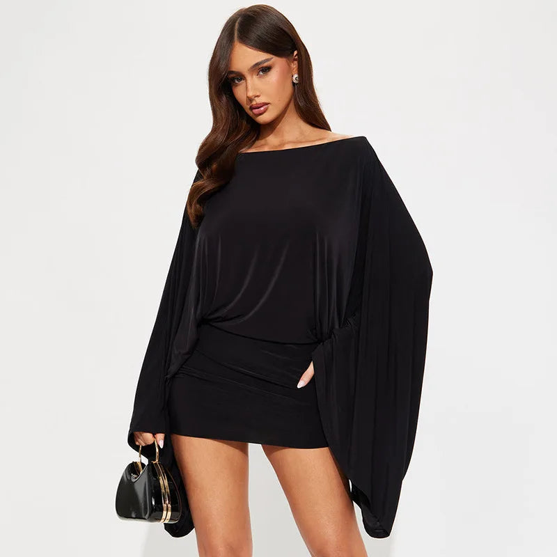 Draped Mini Dress – Off Shoulder Long Sleeve Dress with Batwing Sleeves, Relaxed Top, Fitted Skirt and Asymmetrical Drape for Parties