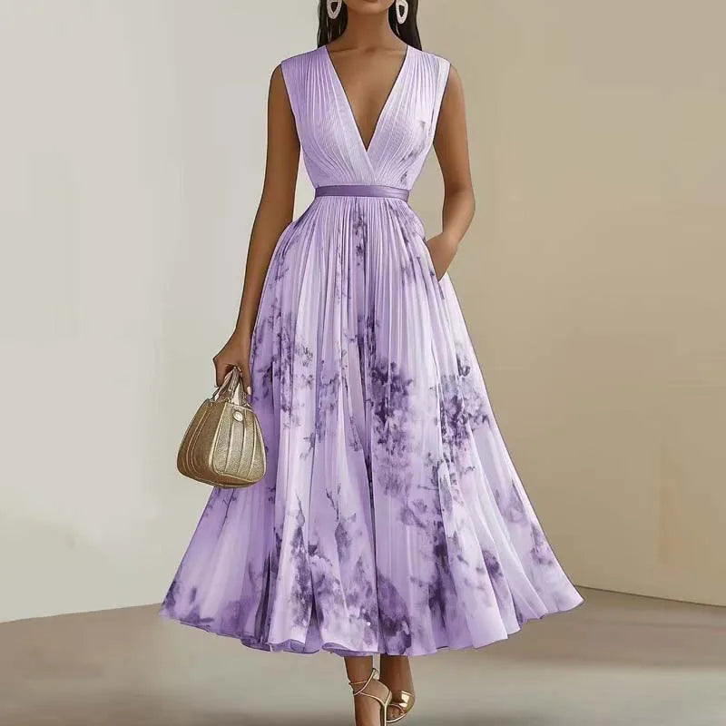 Floral Wrap Midi Dress – V-Neck Sleeveless A-Line Dress with Tie Waist and Flowing Pleated Skirt for Weddings, Brunch & Special Occasions