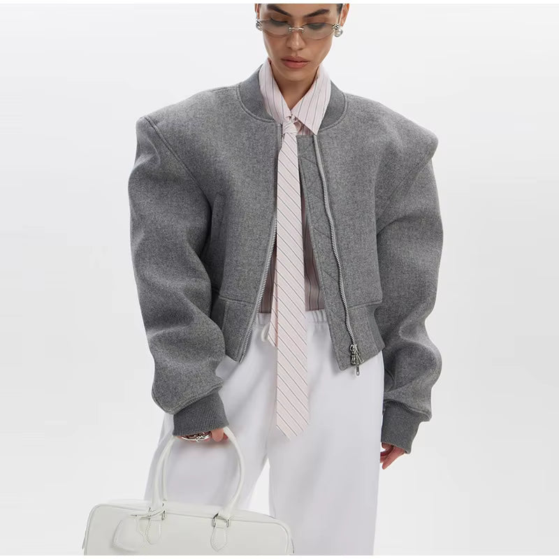 Oversized & Bomber Jacket – Women's Zip Up Wool Look Jacket with Padded Shoulders, Ribbed Collar and Relaxed Long Sleeve Fit