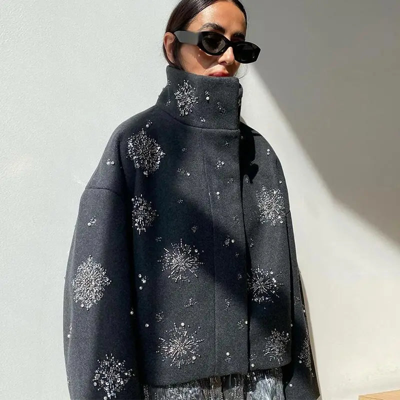 Embellished High Neck Jacket, Floral Pattern Knit Zip-Up Jacket, Oversized Cozy Winter Outerwear