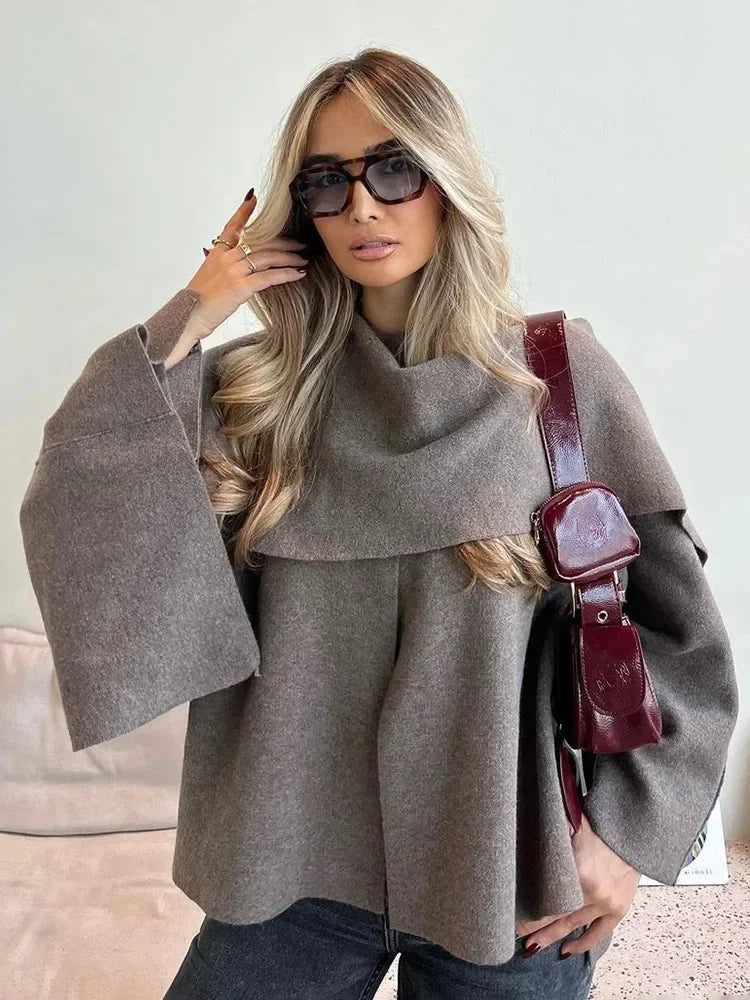 Oversized Poncho Cape Coat, High Neck Draped Sweater Jacket with Wide Sleeves, Cozy Fall Winter Outerwear