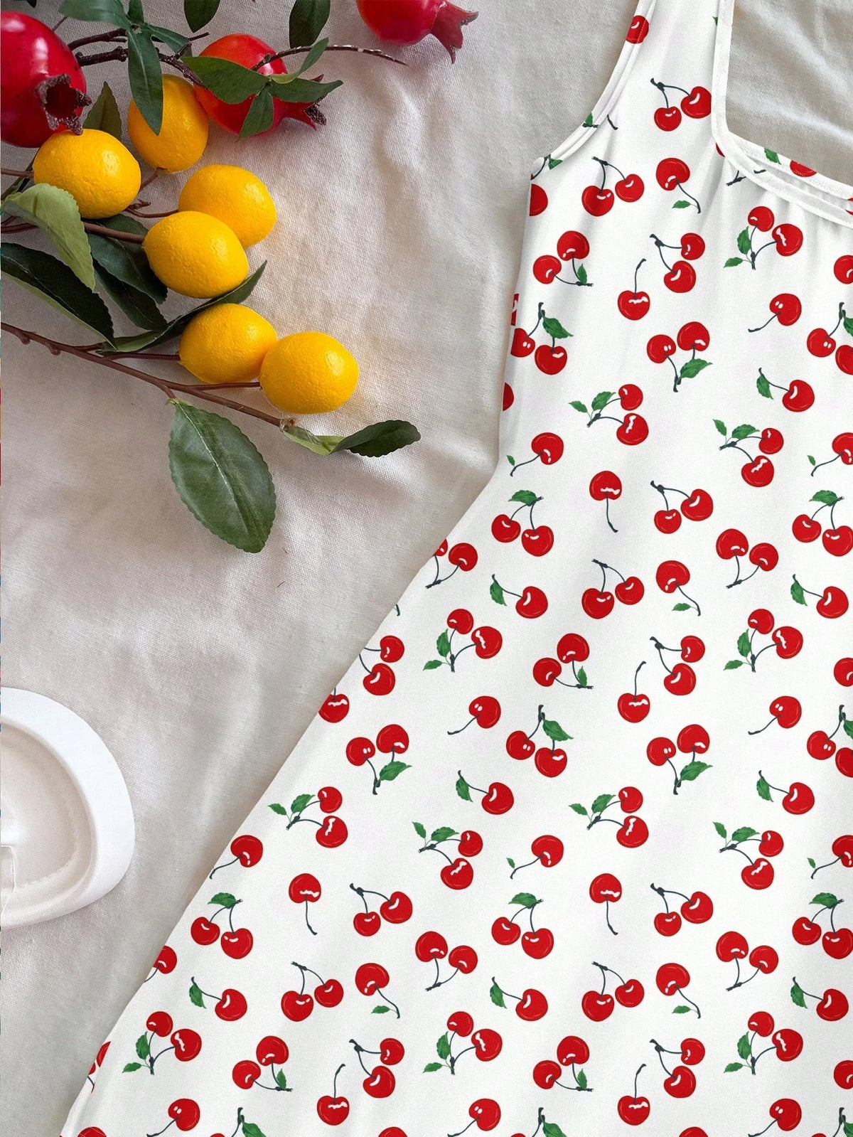 Cherry Print Mini Dress – Sleeveless Square Neck Dress with Wide Shoulder Straps, Fitted Bodice and Flared Skirt for Summer & Vacations