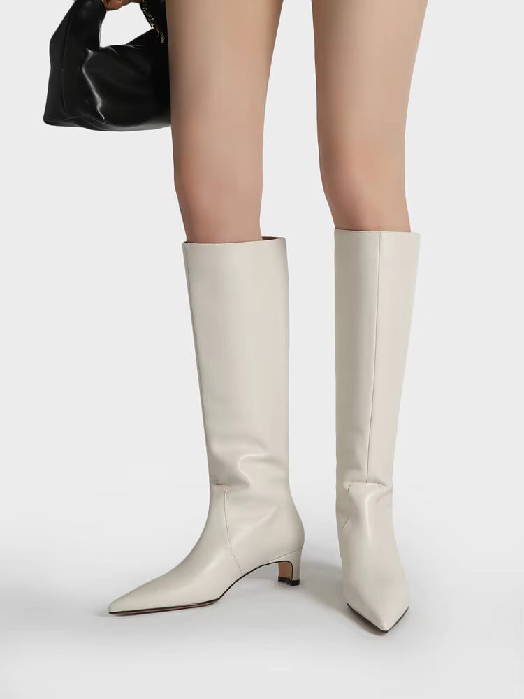 Knee High Pointed Toe Boots | Elegant Kitten Heel Tall Boots | Sleek Pull-On Fashion Boots