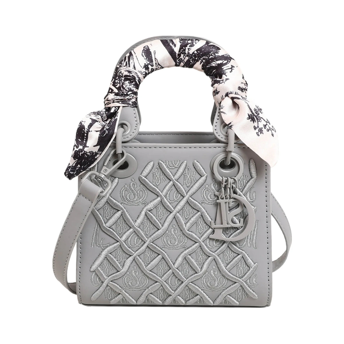 Mini Top Handle Handbag, Embroidered Leather Crossbody Bag, Light Blue Shoulder Purse with Scarf-Wrapped Handle & Long Strap