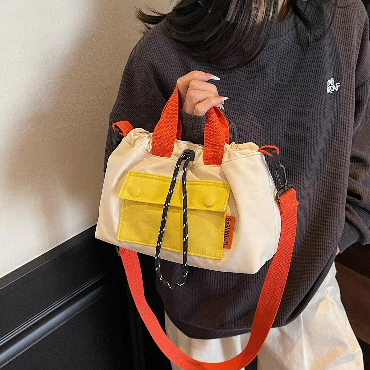 Canvas Tote Bag, Casual Mini Shoulder Handbag, Colorful Crossbody Purse with Front Pocket, Adjustable Strap & Top Handles