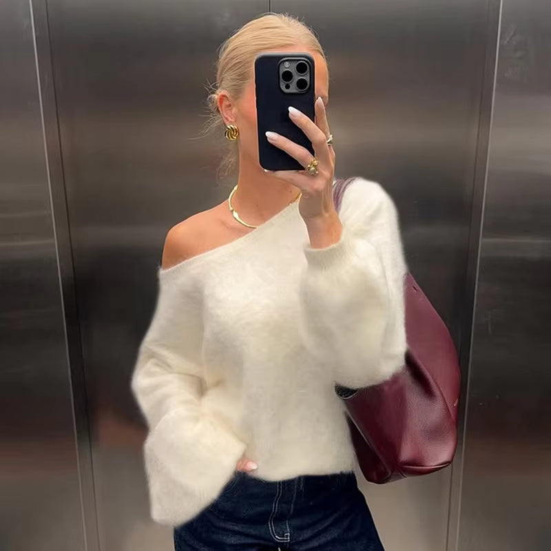 Off Shoulder Fuzzy Knit Sweater, Soft Boat Neck Pullover with Relaxed Fit and Long Sleeves, Chic Cozy Fall Winter Knitwear