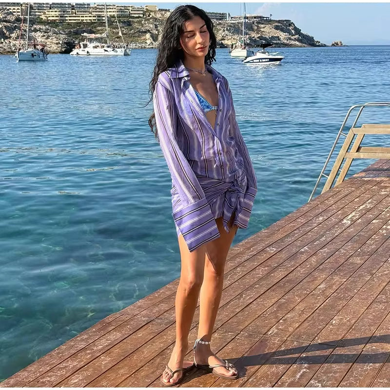 Striped Shirt Mini Dress – Sheer Chiffon Button Down Dress with Turn-Down Collar, Long Sleeves, Waist Tie and Detachable Scarf
