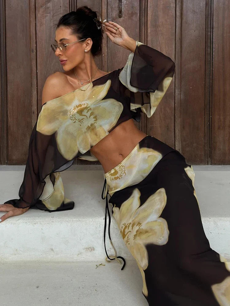 Asymmetric Crop Top & Wide Leg Pants Co-Ord Set | Abstract Floral Print Two Piece Outfit | Chic Vacation & Party Matching Set
