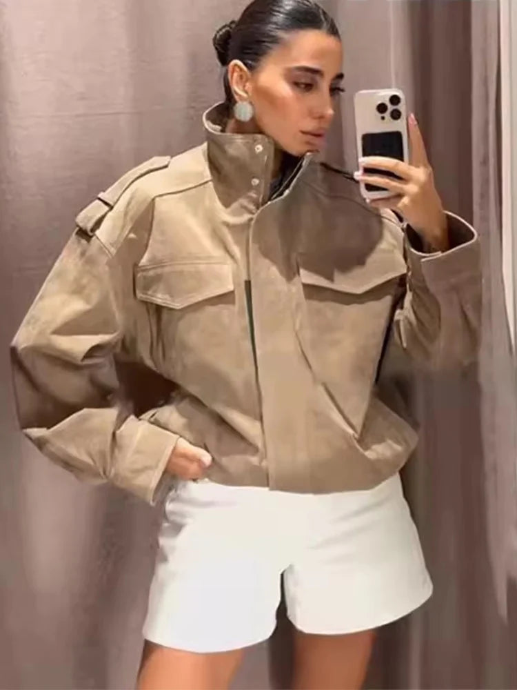 Utility Cropped Jacket, Stand Collar Zip-Up Jacket with Cargo Pockets and Relaxed Fit, Chic Casual Streetwear Outerwear
