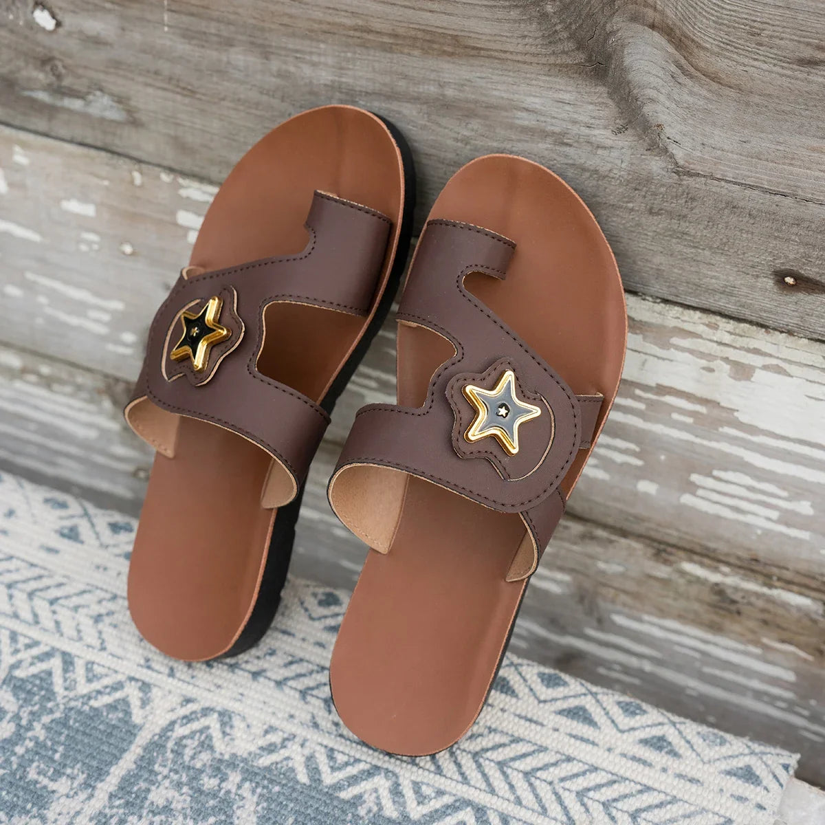 Star Charm Slide Sandals | Flat Open Toe Mules | Comfortable Casual Summer Shoes