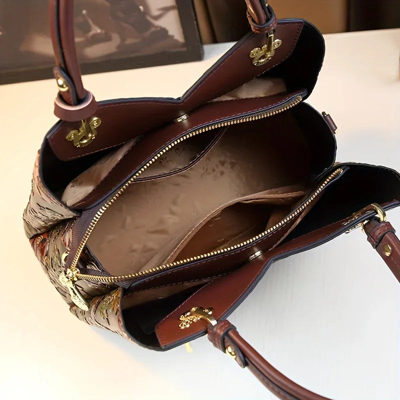 Vintage Floral Satchel Handbag, Embroidered Top Handle Purse with Decorative Charms, Structured Shoulder & Crossbody Bag for Travel & Everyday Use
