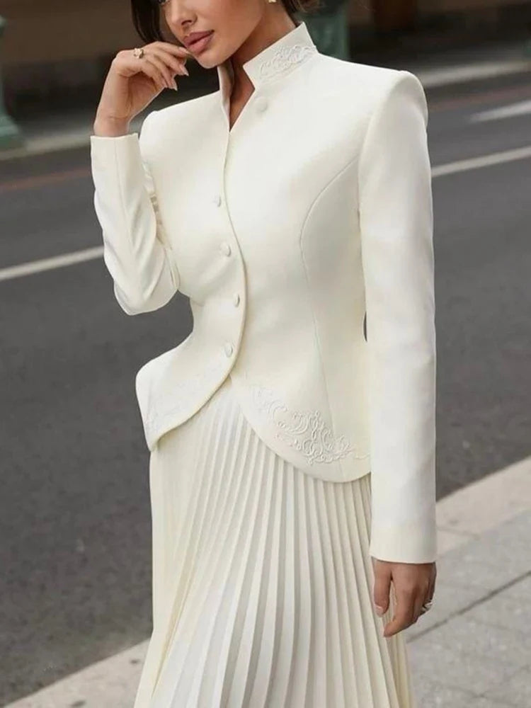 Mandarin Collar Blazer & Pleated Midi Skirt Co-Ord Set | Tailored Long Sleeve Two Piece Outfit | Elegant Office & Formal Matching Set