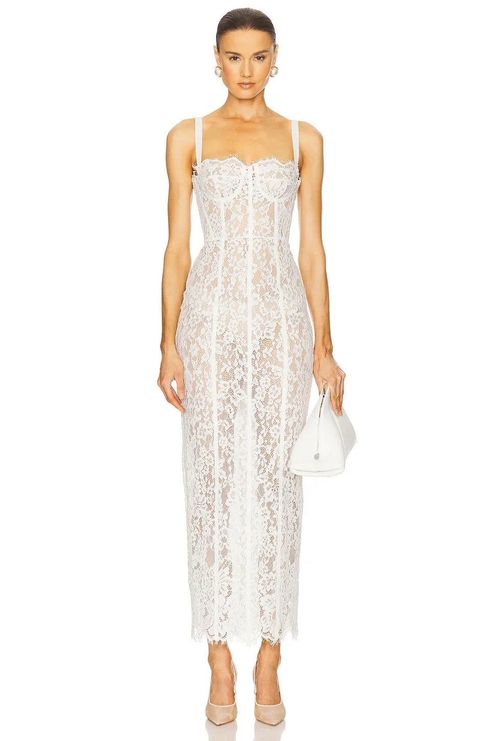 Lace Midi Dress – Spaghetti Strap Dress with Floral Lace Overlay, Fitted Bodice and Straight Midi Silhouette for Parties & Evening Events