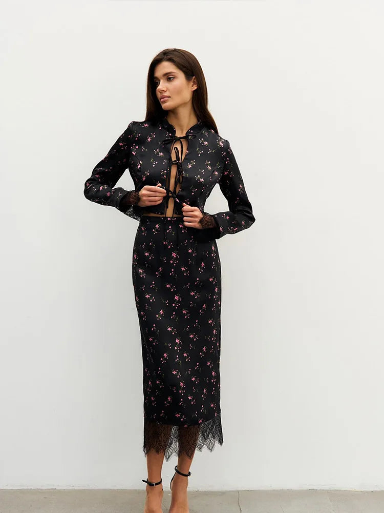 Floral Lace-Up Crop Top & Midi Skirt Co-Ord Set | Long Sleeve Two Piece Outfit with Lace Detail | Elegant Party & Date Night Set