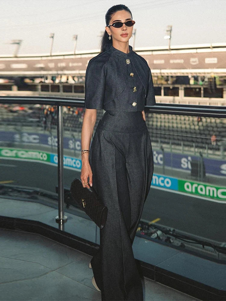 Button Front Collared Top & Wide Leg Pants Co-Ord Set | Tailored Two Piece Jumpsuit Style Outfit | Elegant Smart Casual Matching Set