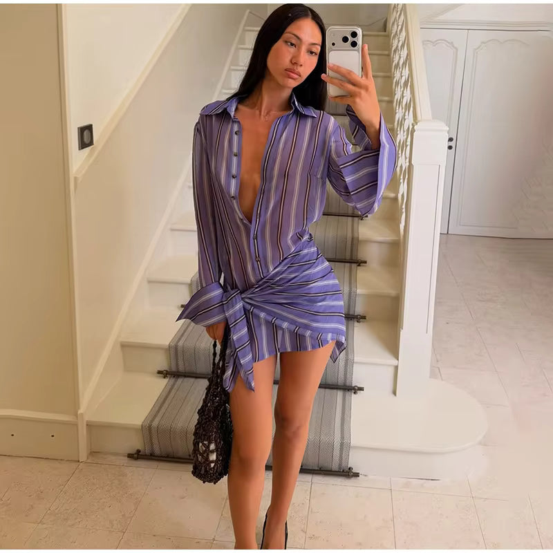 Striped Shirt Mini Dress – Sheer Chiffon Button Down Dress with Turn-Down Collar, Long Sleeves, Waist Tie and Detachable Scarf