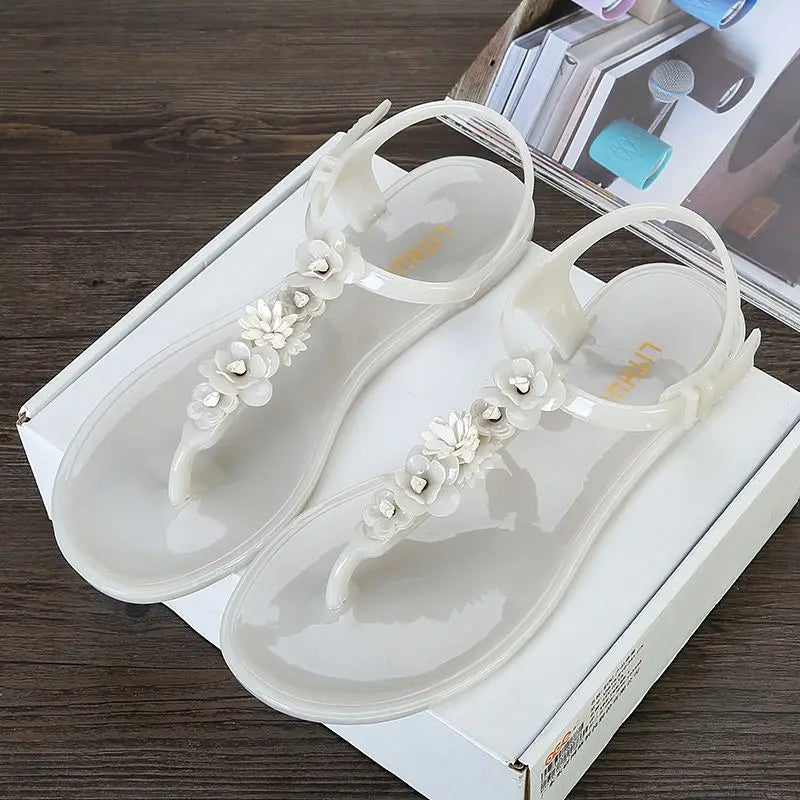 Floral Jelly Sandals | Ankle Strap Flat Sandals | Glossy Open Toe Summer Beach Shoes