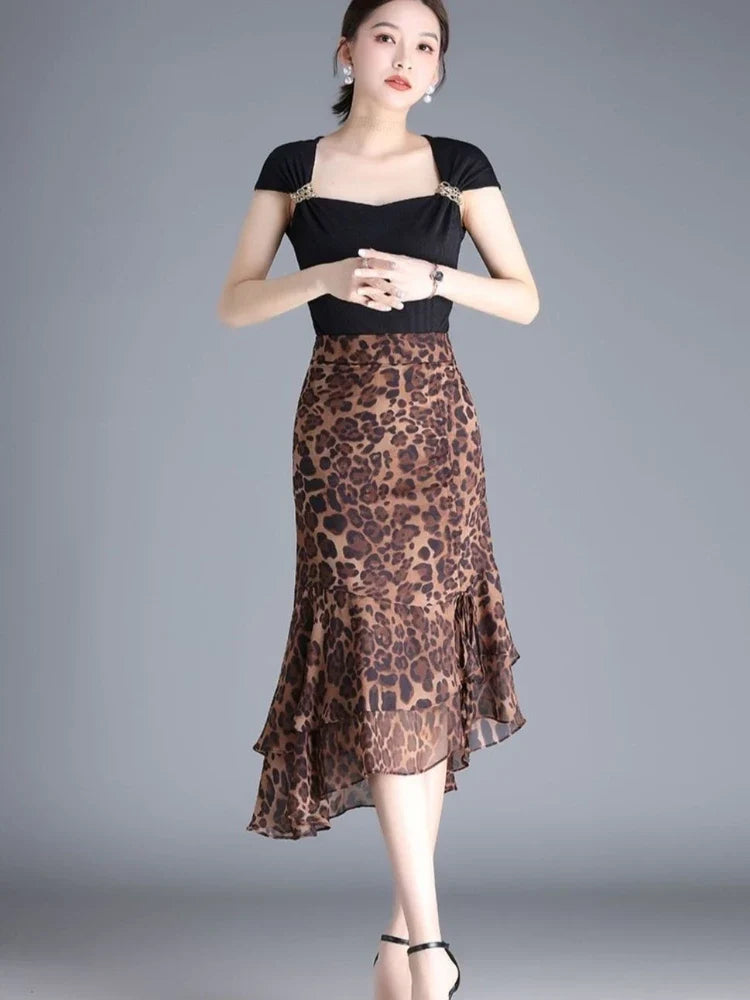 High Waisted Animal Print Midi Skirt Asymmetrical Ruffle Hem Flared Skirt Leopard Print Party Date Night Vacation Wear