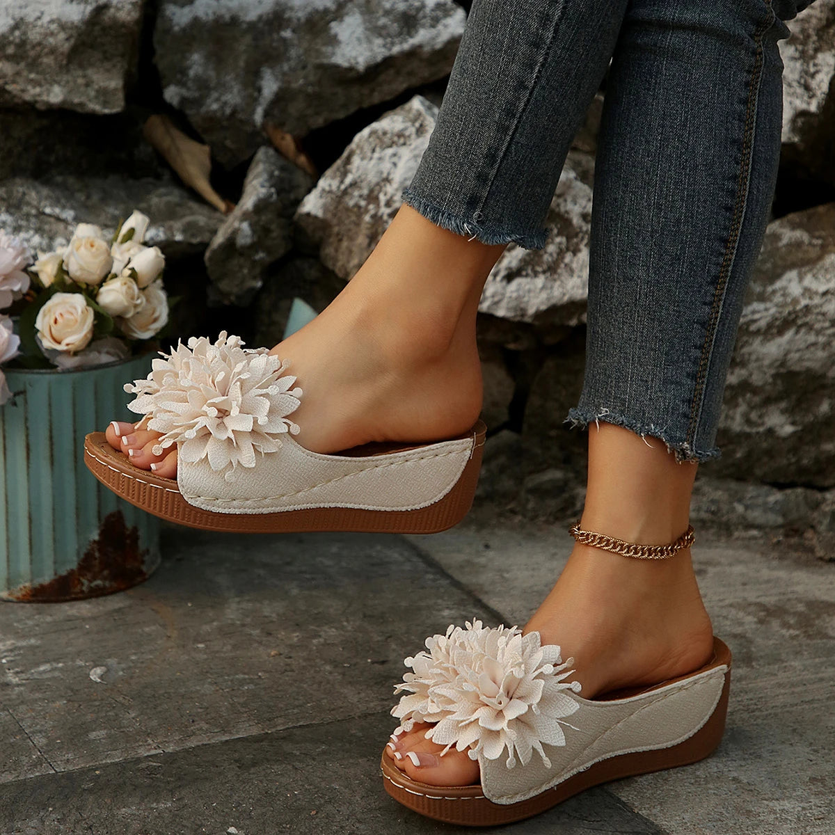 Floral Platform Sandals | Flower Embellished Wedge Slides | Open Toe Summer Vacation Shoes