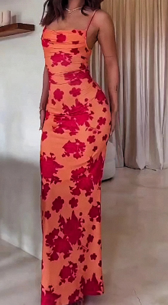 Floral Bodycon Maxi Dress – Spaghetti Strap Square Neck Dress with Fitted Silhouette, Stretch Fabric and Floor-Length Design for Summer