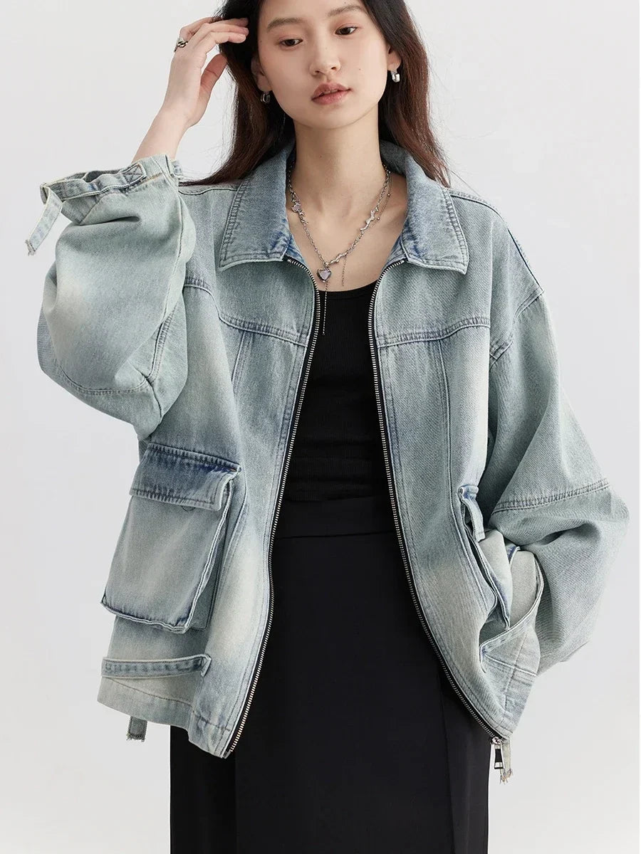 Oversized Denim Utility Jacket, Washed Zip-Up Jacket with Shirt Collar and Cargo Pockets, Relaxed Fit Casual Outerwear