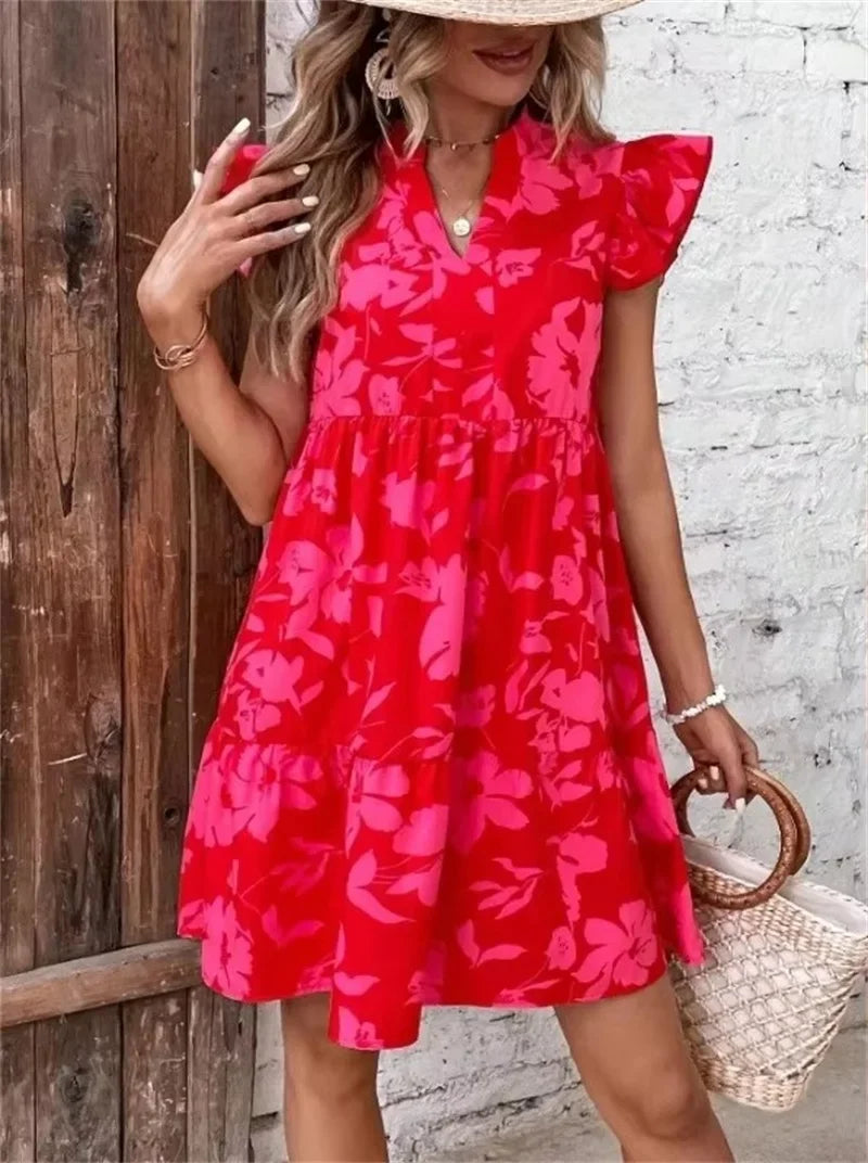 Floral Babydoll Mini Dress – Ruffle Sleeve V-Neck Flowy Dress with Relaxed A-Line Fit for Vacations, Brunch & Summer Outings