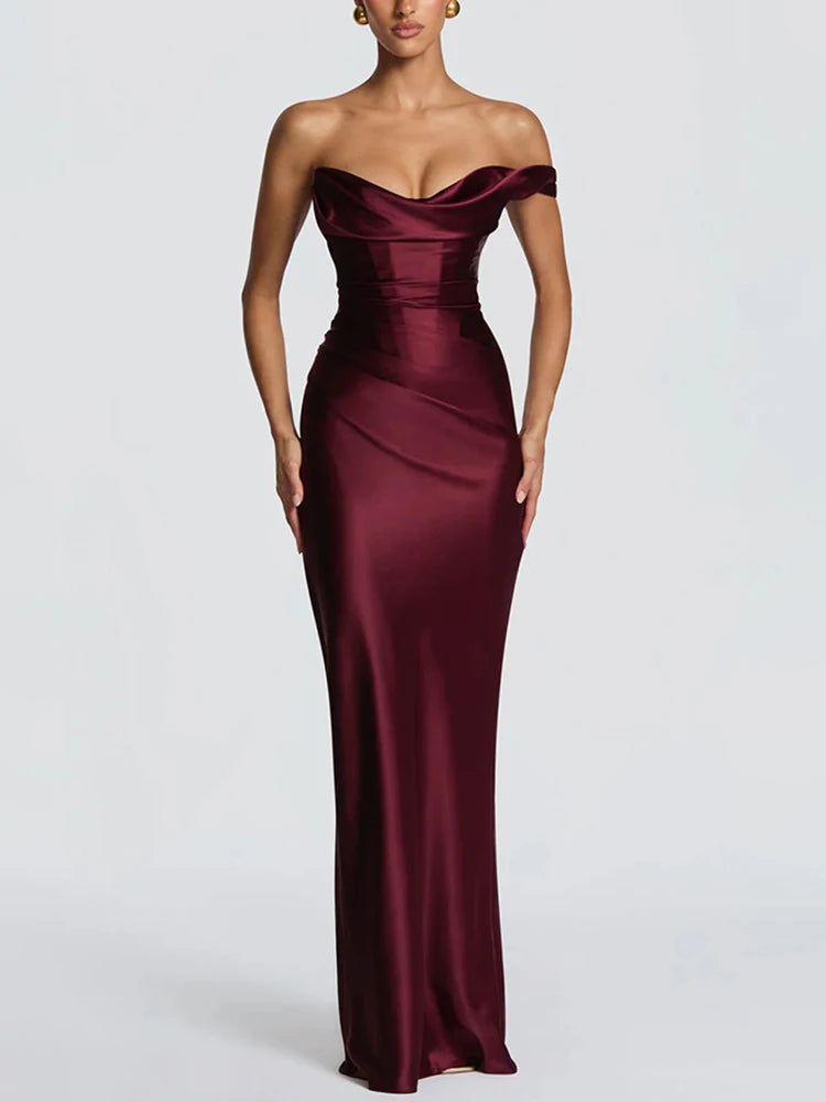 Satin Corset Maxi Dress – Draped Off Shoulder Dress with Spaghetti Straps, Lace-Up Back, Fitted Waist and Floor-Length Skirt