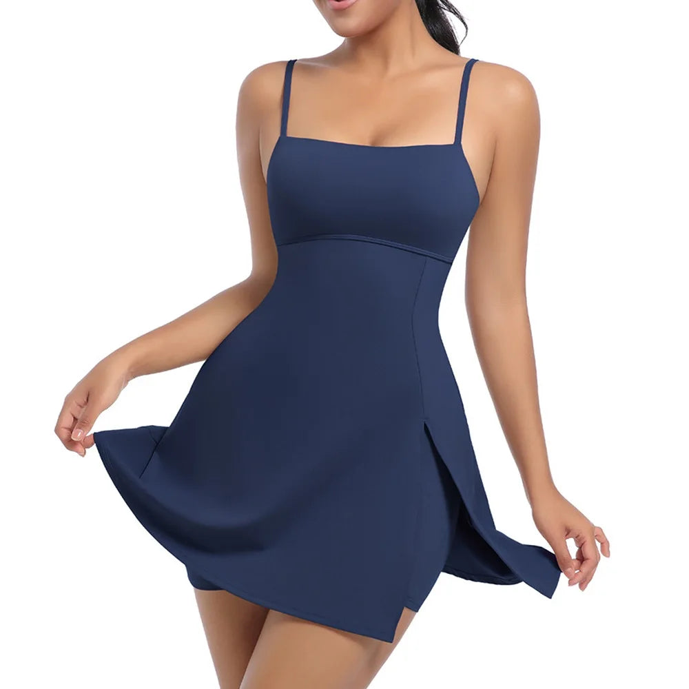 A-Line Mini Dress – Spaghetti Strap Square Neck Dress with Flared Skirt, Fitted Bodice and Side Slit for Vacations & Summer Outings