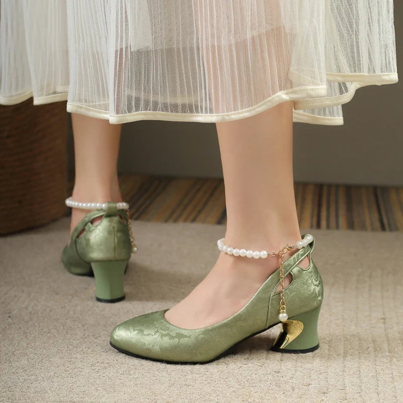 Pearl Strap Mary Jane Heels | Elegant Round Toe Pumps | Vintage Inspired Low Heel Dress Shoes