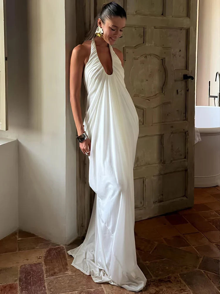 Elegant Maxi Dress – Sleeveless Deep V-Neck Dress with Fitted Bodice, Draped Waist and Flowing Floor-Length Skirt for Weddings & Evening Events
