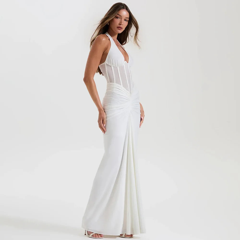 Ruched Bodycon Maxi Dress – Halter Neck Dress with Corset-Inspired Bodice, Gathered Waist and Figure-Hugging Floor-Length Silhouette