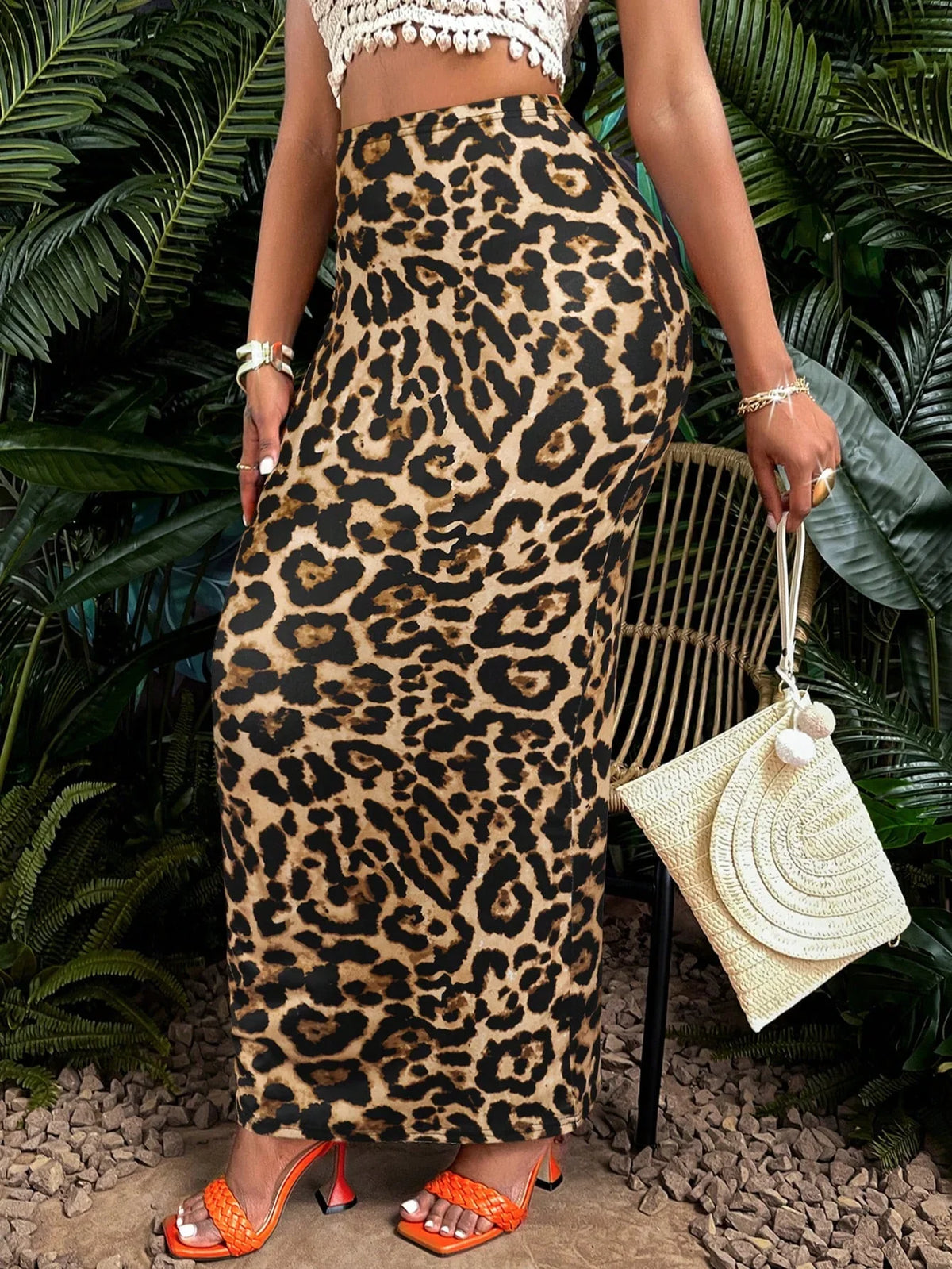 High Waisted Animal Print Maxi Skirt Leopard Print Bodycon Long Pencil Skirt Stretch Fitted Slit Detail Party Vacation Wear