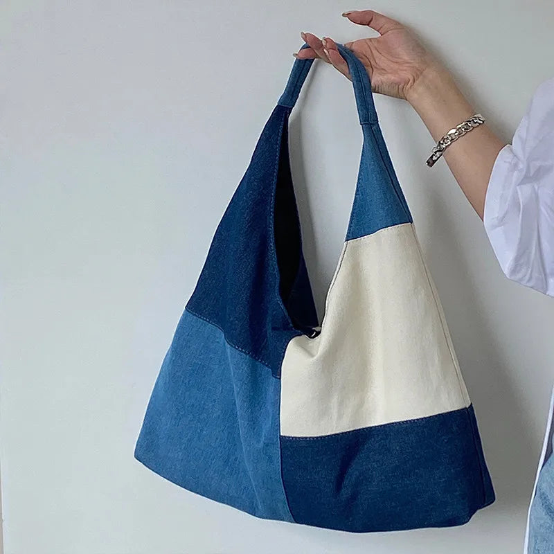 Denim Hobo Shoulder Bag, Patchwork Tote Handbag with Wide Strap, Slouchy Casual Purse for Shopping, Travel & Everyday Use