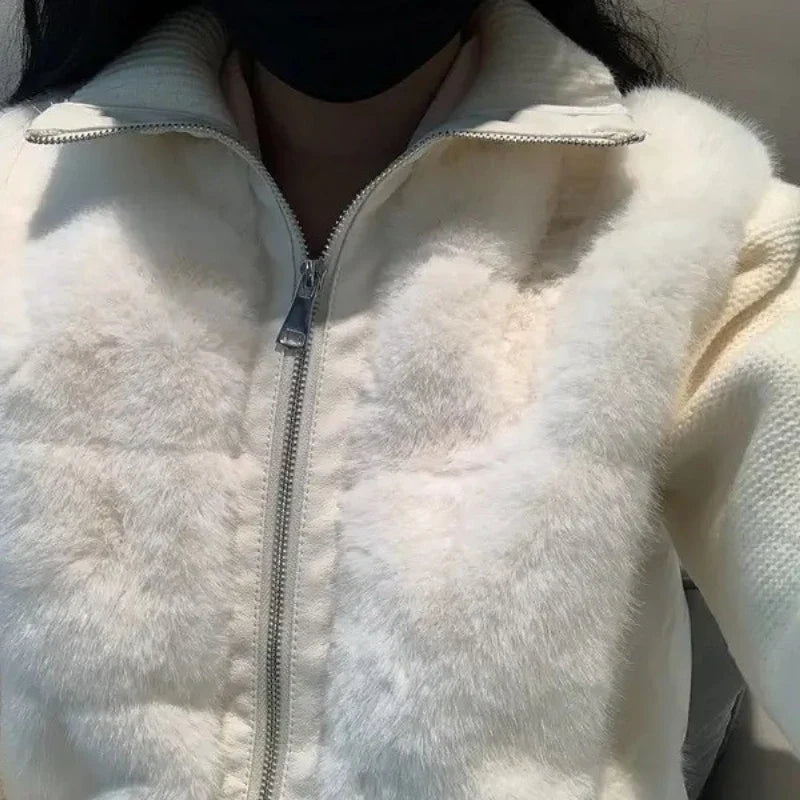 Faux Fur Panel Knit Jacket, Zip-Up Cardigan with Ribbed Collar and Cuffs, Cozy Winter Layering Outerwear