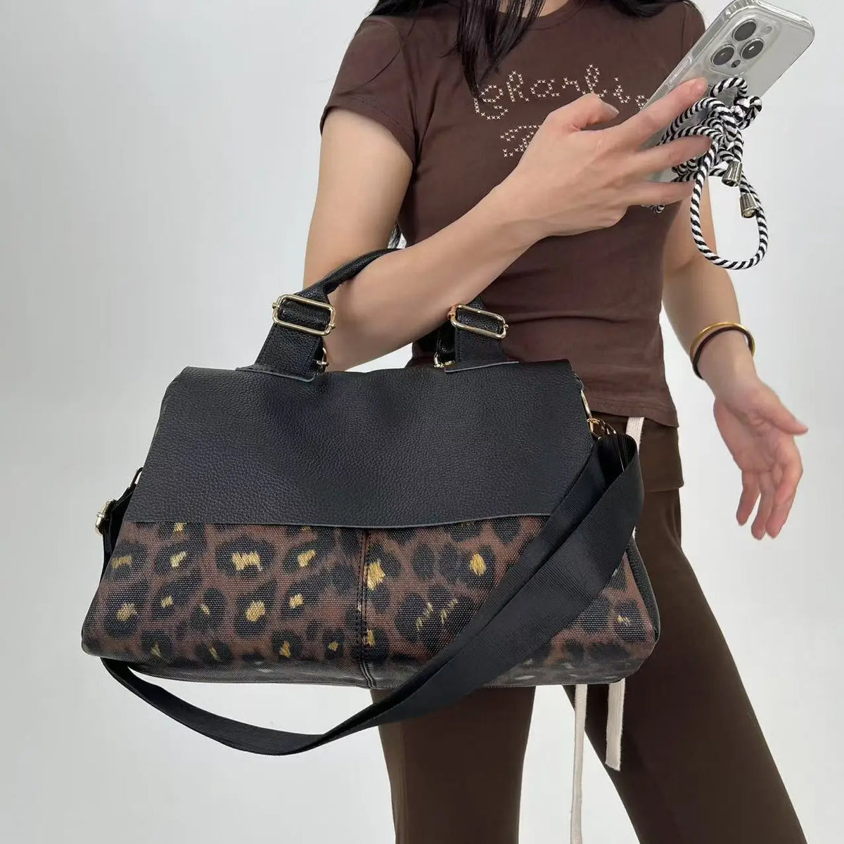 Structured Satchel Handbag, Leopard Print Accent Tote Purse, Elegant Top Handle Shoulder Bag with Adjustable Strap for Work & Everyday Use